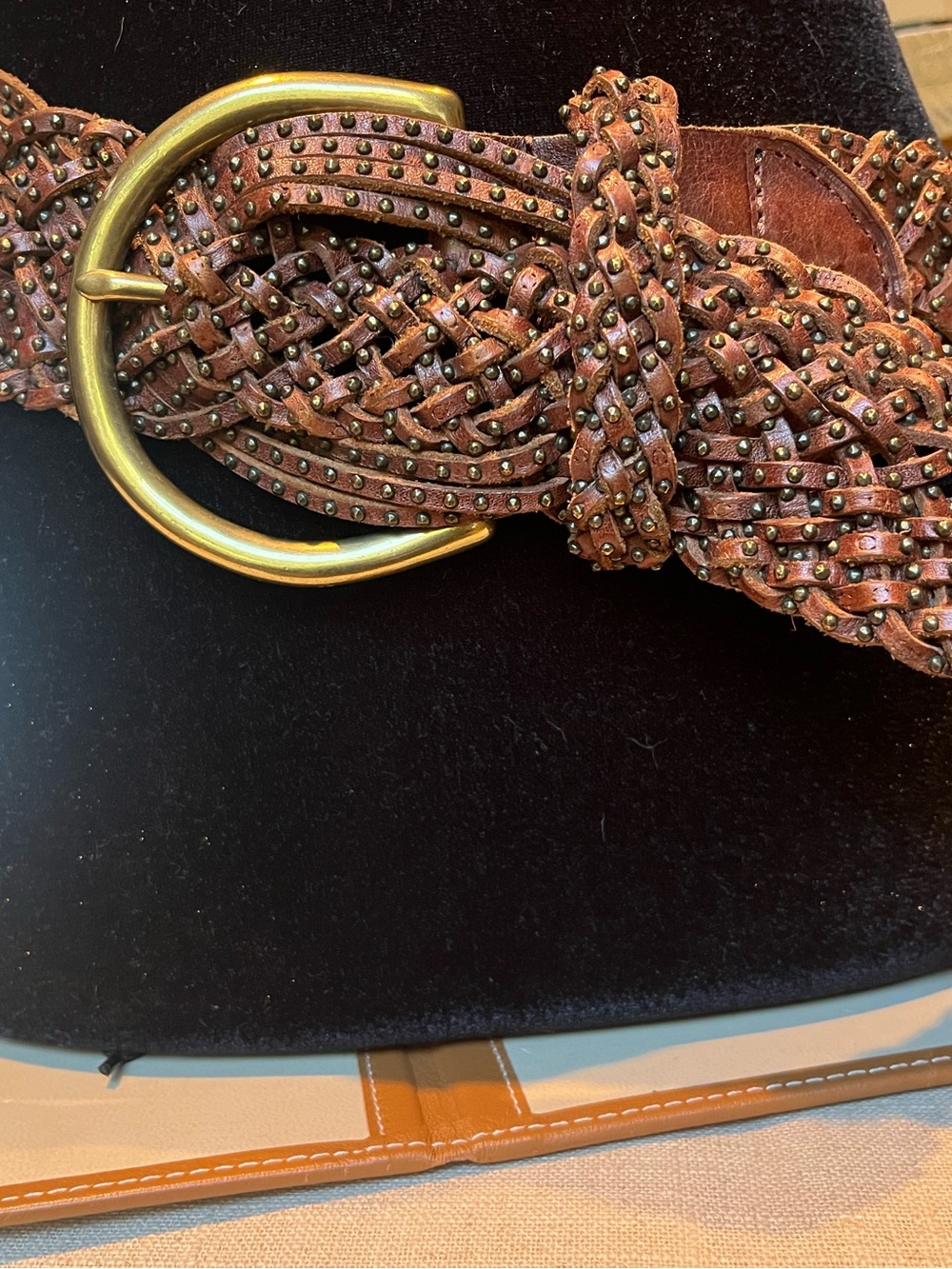 Ralph Lauren Collection Braided Studded Leather Belt in Brown with Gold Buckle